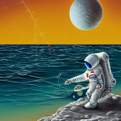 Image similar to a fisherman astronaut fishing on the moon