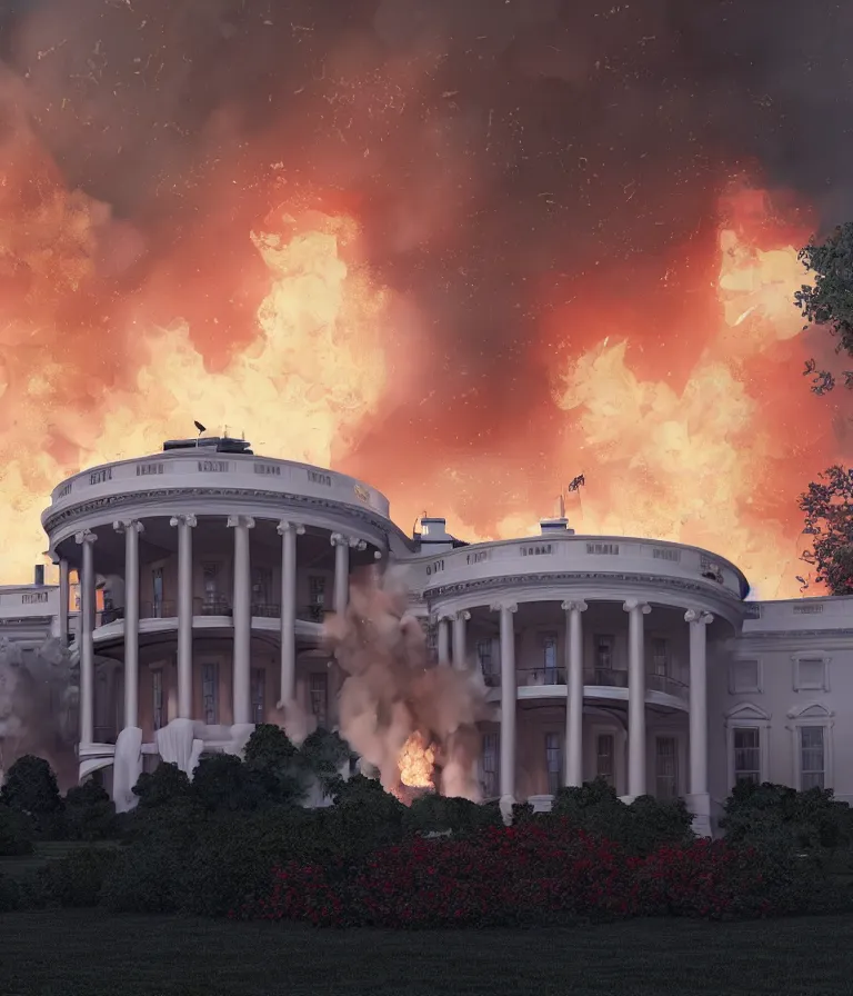 Image similar to a beautiful hyperrealistic detailed 3D render of the white house burning, by Anton Otto Fischer, Atey Ghailan, genzoman, unreal engine, octane render, gigantic, 3D, brilliantly coloured, intricate, ultra wide angle, trending on artstation, embers, smoke, dust, dusk, volumetric lighting, HDR, polished, micro details, ray tracing, 8k