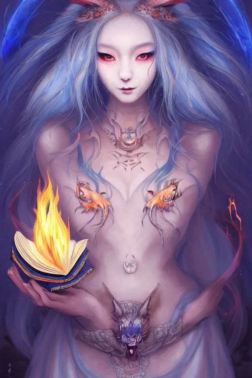 Image similar to gorgeous!!! hyper - realstic kitsune sorceress, holding a tattered magical book, casting a flame spell, blue flames, surrounded by tiny spirits, tribal face markings | drawn by wlop, drawn by jeehyung lee, drawn by artgerm | fantasy, dark, intricate, highly detailed, digital painting, character design, concept art, illustration, artstation