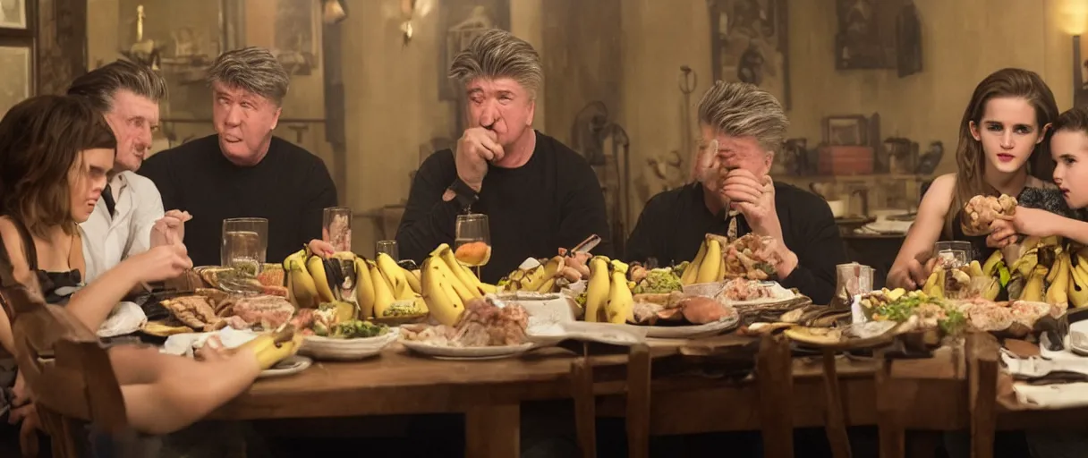 Image similar to photo of family dinner emma watson, david lynch, sylvester stallone, eating bananas, realistic, detailed, emma watson, artsation 4 k