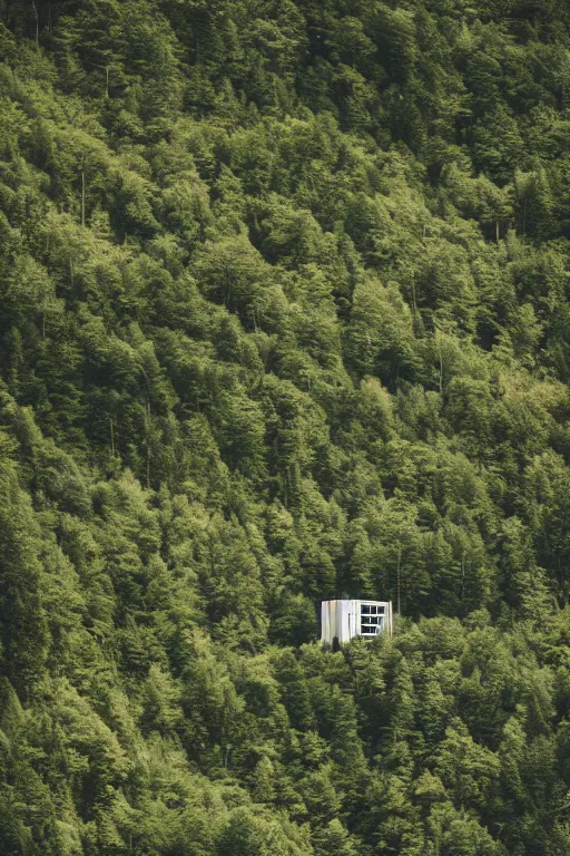 Image similar to sci fi nuclear containment buildings in a steep sided valley with trees, ufo flying around, a sense of hope and optimism, birds overhead, stark light, day time, unsplash, national geographic, hd, high res