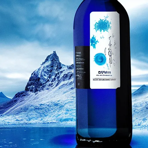 Prompt: an award - winning advertisement photo of a mystical blue liquor bottle with a snowy mountain and ice, drammatic lighting, sigma 5 0 mm, ƒ / 8, behance