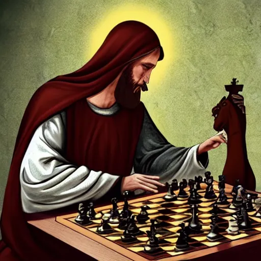 Prompt: the antichrist playing chess with jesus