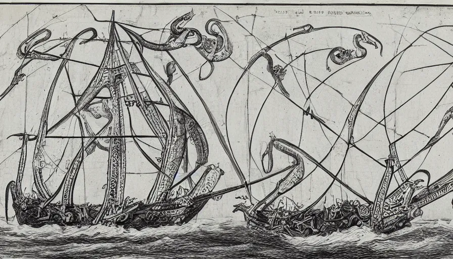 Prompt: encyclopedia drawing of a huge squid attacking ship, manuscript, detailed