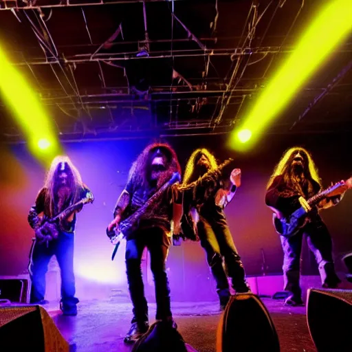 Image similar to a heavy metal band on stage at a small concert in an empty room, center angle, close shot, professional photograph