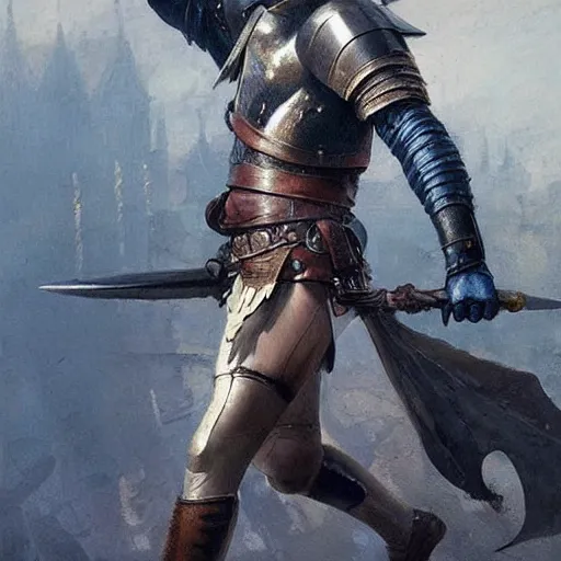 Image similar to young warrior marching toward the viewer, male, muscular, blue eyes!!!!, straight nose!!!, detailed face, exposed thighs!!!, leather, fantasy, medieval, highly detailed, painting by greg rutkowski