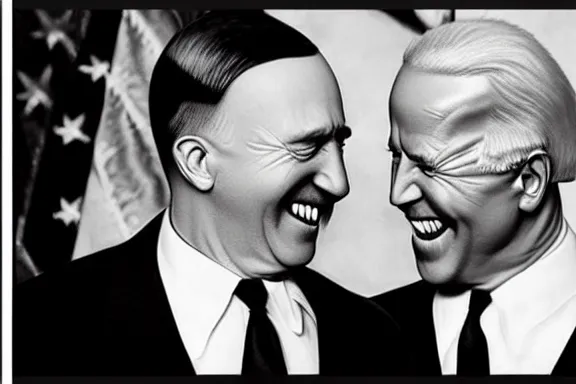 Image similar to “ very very intricate photorealistic photo of hitler and joe biden laughing together, detailed natural lighting, award - winning crisp details ”