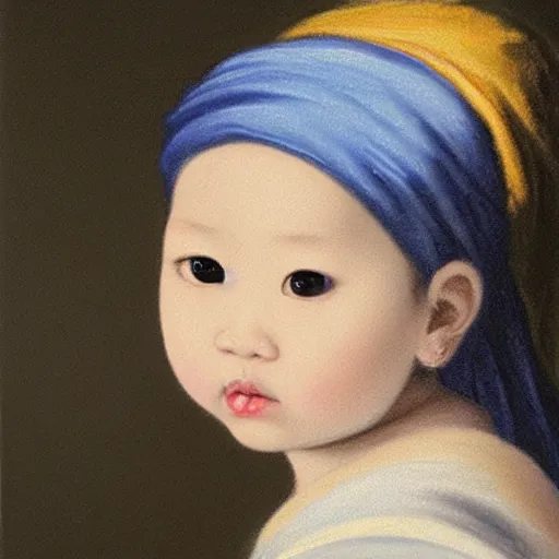 Image similar to A portrait of an Asian baby girl imitating Girl with a Pearl Earring, detailed oil painting, dark color background, by Shimoda, Hikari
