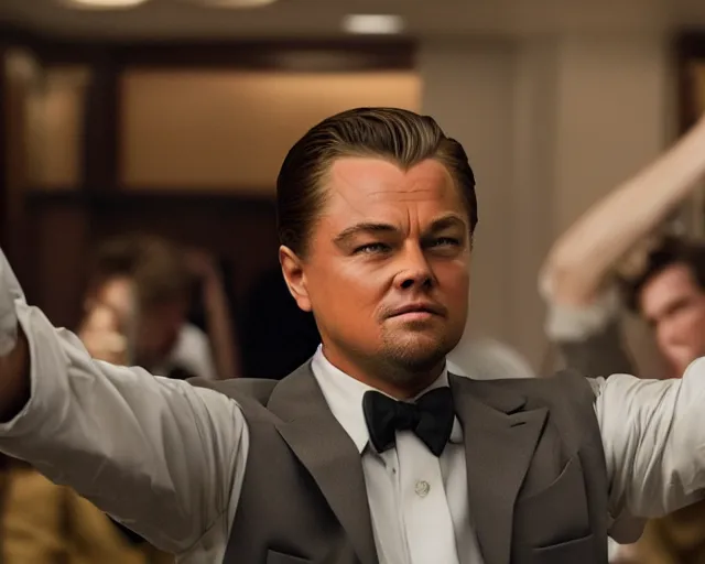 Image similar to leonardo dicaprio as the wolf of wall street, cinamtic, long shot, hyper detailed, highly detailed face, 8 5 mm photograph, 8 k resolution, film still, sharp lens, wide lens