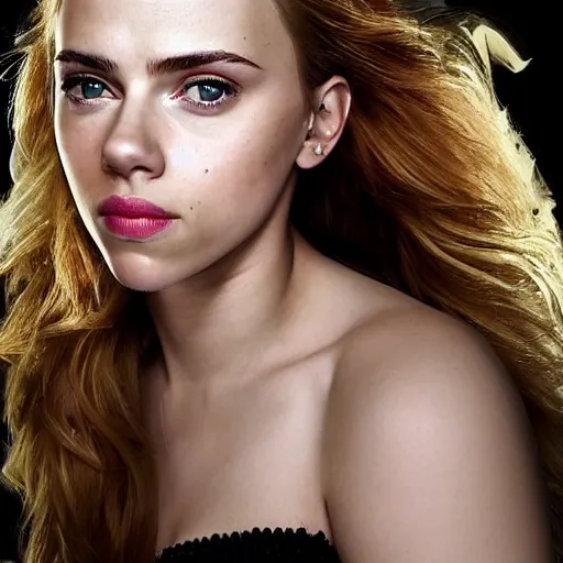 Image similar to a woman who is a genetic combination of scarlett johansson and emma watson face and upper - body focus