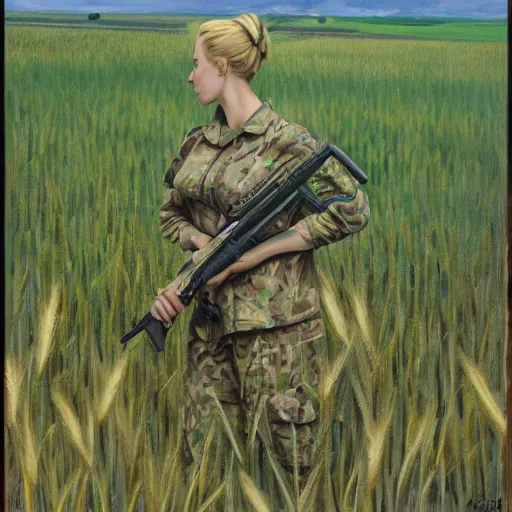 Prompt: Blond female Ukrainian soldier, in camouflage uniform with rifle, looking across a wheat field to a line of trees, oil painting