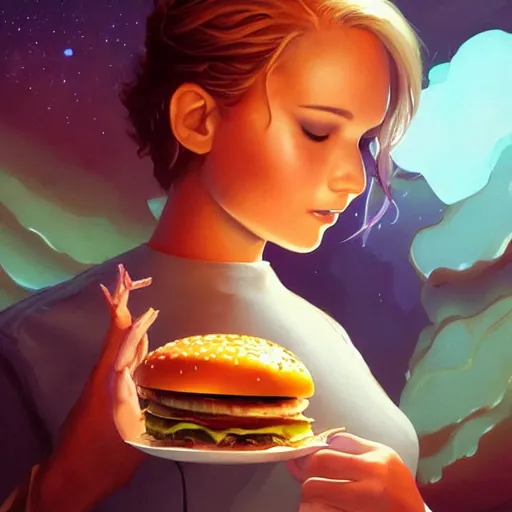 Image similar to beautiful Jennifer Lawrence eating a big mac hamburger, full body fantasy art icon, extreme detail, ethereal volumetric mystical lighting, dripping BBQ Sauce, serving burgers, art by Jesper Ejsing, by RHADS, Makoto Shinkai and Lois van baarle, ilya kuvshinov, rossdraws