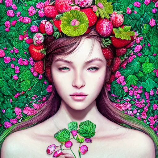 Prompt: the portrait of an absurdly beautiful, graceful, elegant, sophisticated, fashionable woman made of strawberries and green petals focusing hard, an ultrafine hyperdetailed illustration by kim jung gi, irakli nadar, intricate linework, bright colors, octopath traveler, final fantasy, unreal engine 5 highly rendered, global illumination, radiant light, detailed and intricate environment