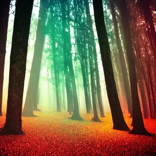 Prompt: old forest with glowing trees and glitter dust in cosmic color fog, tree bark made of rainbow glitter