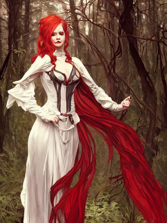 Prompt: full body portrait of an evil female pyromancer in the woods, elegant victorian dress, very detailed face, white skin, red hair, red lipstick, blue eyes, fire everywhere, high fantasy, dnd, highly detailed, digital illustration, by artgerm, greg rutkowski, alphonse mucha, monochromatic red