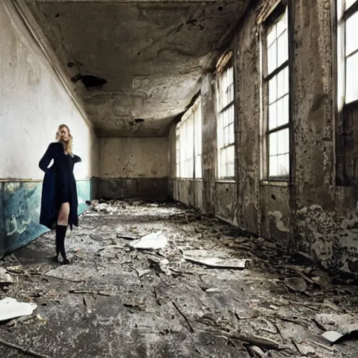 Image similar to photo of cate blanchett in an abandoned building, by Annie leibowitz, photorealisitc ,detailed