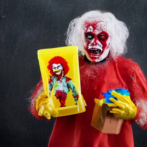 Image similar to color portrait photograph of a zombie Ronald McDonald holding a happy meal covered in slime