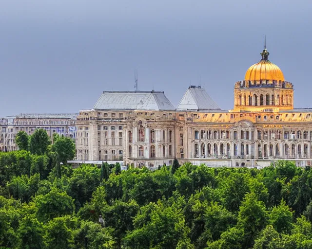 Image similar to 4 k hd, high resolution photograph of bucharest palace of parliament, full colour, shot with sigma f / 4. 2, 2 5 0 mm sharp lens, wide shot, high level texture render