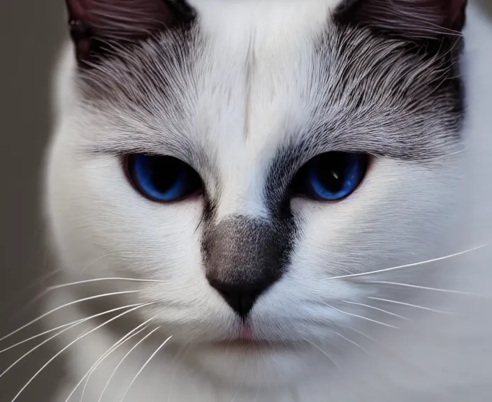 Prompt: 4 k hd, high detail photograph of a white and black cat, shot with sigma f / 4. 2, 2 5 0 mm sharp lens, wide shot, consistent, isometric view, volumetric lighting, high level texture render