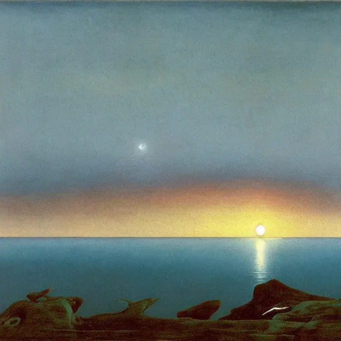 Image similar to the first blue color getting out of the primordial ocean to walk on land. sunset through the clouds. codex seraphinianus. painting by yves tanguy, caspar david friedrich, moebius, walton ford, rene magritte