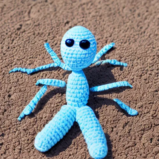 Image similar to cute fluffy light blue color spider crochet doll standing on sand, hyperrealistic photograph, highly detailed, tactile, 8k, close up, macro