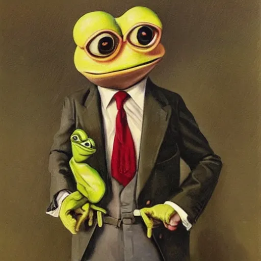 Prompt: pepe the frog in suit and tie, painting by Joseph Christian Leyendecker