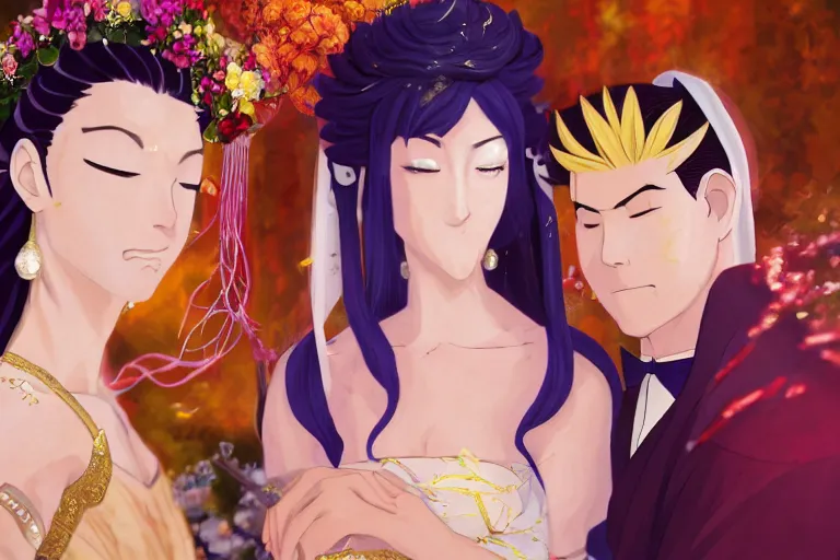 Image similar to a cinematic portrait of wedding photograph jpeg close up moment of a divine a japan sun god and moon goddess lovers magician at a wedding banquet. portraiture. digital painting. artstation. concept art. wedding photo. digital painting. naruto the movie art masterpiece by art by krenz cushart