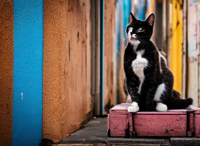 Image similar to photography of a Cat sitting on a box. in a cyberpunk street, award winning photo, saturated, colored, colors, 100mm, sharp, high res