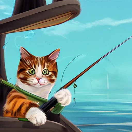 Prompt: concept art of a cat holding a fishing pole while fishing in a boat; vivid; artstation; award winning