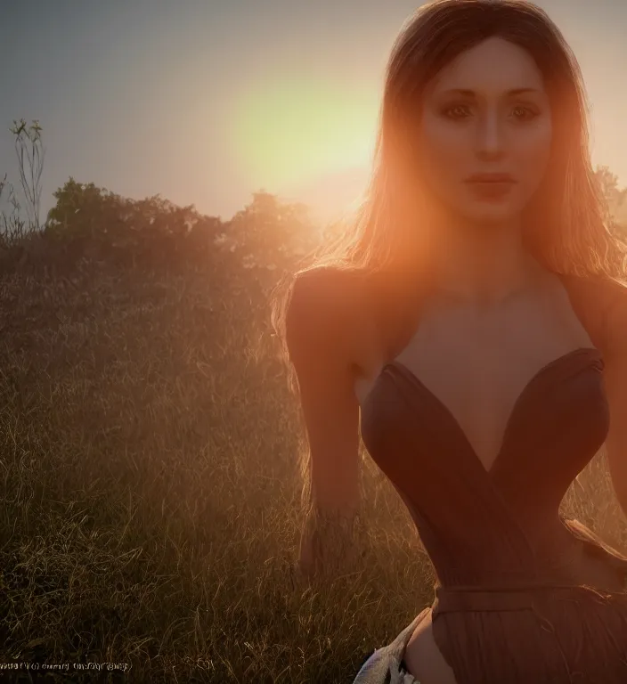 Prompt: centered waist up portrait of an angel, bokeh + DOF + 8k, photorealistic + rendered in unreal engine + ultra realistic + backlit + strong rimlight, sunset + HDRI, HD, Photoreal , by Andon Hristov, trending on artstation
