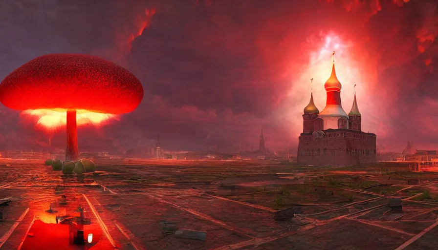 Prompt: a big nuclear explosion with realistic nuclear mushroom in Red Square Kremlin, dramatic lighting, cinematic, extremely high detail, photo realistic, cinematic lighting, post processed, concept art, artstation, matte painting, unreal engine 8k