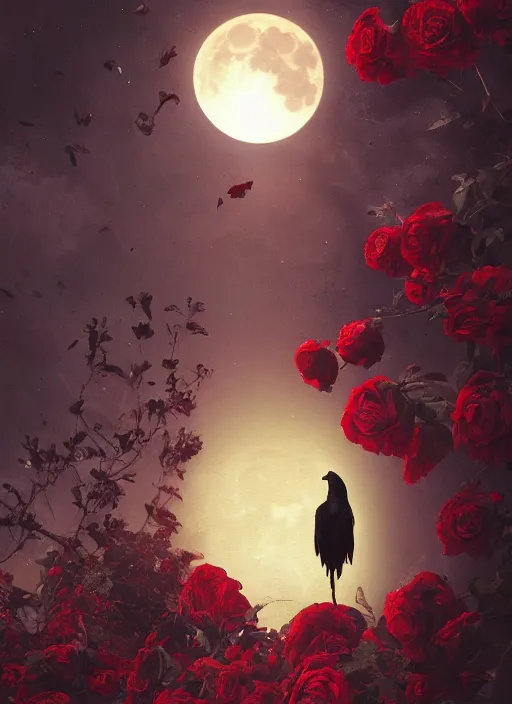 Image similar to Big glowing moon is very important, red and golden color details, portrait, A crow with red eyes in front of the full big moon, book cover, red roses, red white black colors, establishing shot, extremly high detail, foto realistic, cinematic lighting, by Yoshitaka Amano, Ruan Jia, Kentaro Miura, Artgerm, post processed, concept art, artstation, raphael lacoste, alex ross, portrait, A crow with red eyes in front of the full big moon, book cover, red roses, red white black colors, establishing shot, extremly high detail, photo-realistic, cinematic lighting, by Yoshitaka Amano, Ruan Jia, Kentaro Miura, Artgerm, post processed, concept art, artstation, raphael lacoste, alex ross