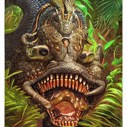 Image similar to digital painting of gigantic mayan feathered serpent god, by filipe pagliuso and justin gerard, jungle, fantasy, highly detailed, ominous, intricate, sharp focus, tarot card, snake, fangs