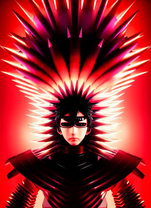 Image similar to a striking cinematic full body manga portrait of a long black haired masked male teenager wearing imposing red jagged spiked plate armour and glowing with raging powerful red energy by hirohiko araki and beeple, fine details, digital art, character concept art, volumetric lighting, cinematic light, photorealistic