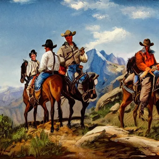 Image similar to cowboys-fighting on the mountain trail on the style Fredrick Remington