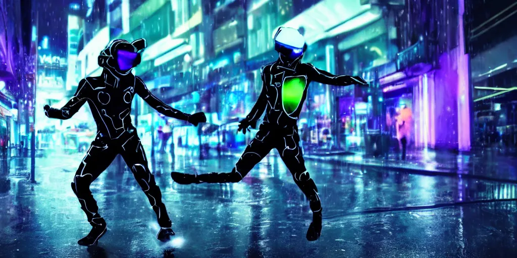 Image similar to slow motion picture of futuristic break dancer wearing dark tron suit with neon lights, long exposure shot , at night in the middle of a rainy street, paddles of water, rim lights, glossy reflections, octane render, detailed and soft, by laurie greasley