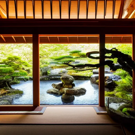 Prompt: inside a cozy wooden Japanese house with a indoor koi pond, bonsai trees, stream flowing through the house, unseen marine life, golden hour, peaceful, calm, atmospheric