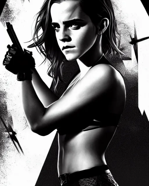 Prompt: Emma Watson in Sin city as an Apex Legends character digital illustration portrait design by, Mark Brooks and Brad Kunkle detailed, gorgeous lighting, wide angle action dynamic portrait