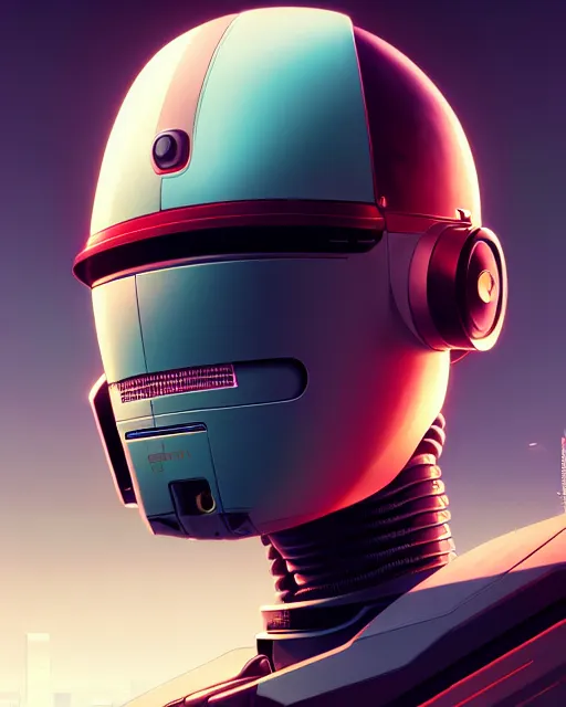 Image similar to hyper - realistic portrait of a futuristic robot, gta v cover art, celshading, sharp focus, intricate, detailed, rhads, andreas rocha, makoto shinkai, lois van baarle, ilya kuvshinov, greg rutkowski, dynamic lighting, grunge aesthetic, 4 k