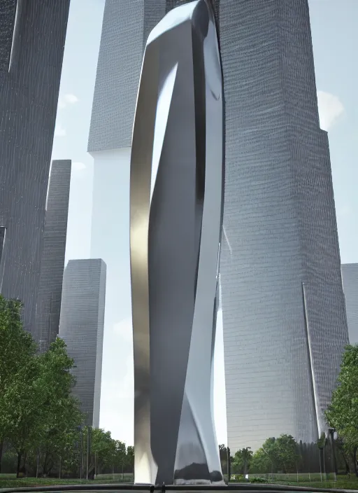 Prompt: highly detailed realistic architecture 3 d render of a huge high futuristic metallic stele sculpture in zaha hadid style standing in city park, archdaily, made in unreal engine 4 octane render