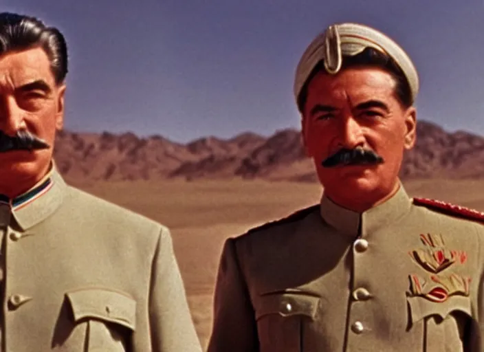 Image similar to a film still of josef stalin in lawrence of arabia ( 1 9 6 2 ), technicolor