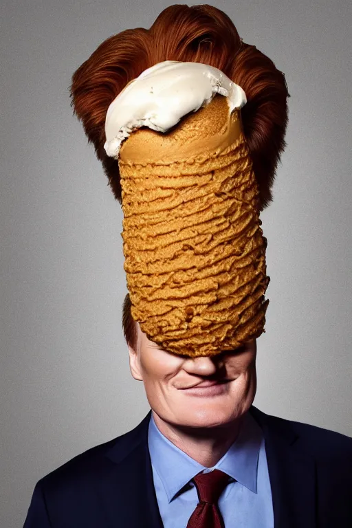 Image similar to 📷 conan o'brien the ice - cream cone 🍦, made of food, head portrait, dynamic lighting, 4 k