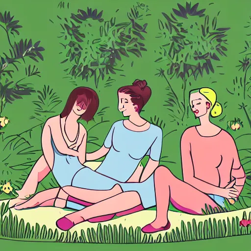 Prompt: couple cuddling, two women, one short - haired blonde, one goth brunette, in garden, romantic, highly detailed illustration