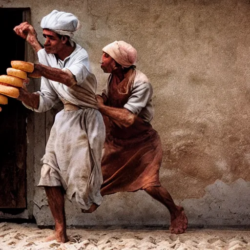 Prompt: bakers fighting escaping bread, by Steve McCurry and David Lazar, natural light, detailed face, CANON Eos C300, ƒ1.8, 35mm, 8K, medium-format print