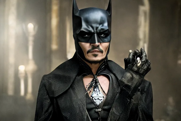 Image similar to film still of Johnny Depp as Batman in The Batman, 4k