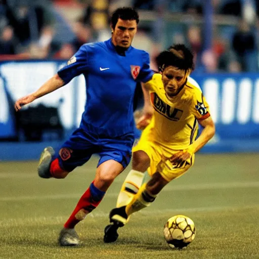 Prompt: A man in a disheveled suit pointing a gun at a professional soccer player in a blue, red and yellow uniform