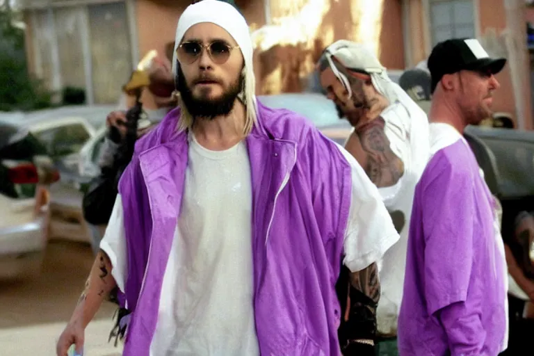 Prompt: medium full shot of jared leto as a white gang member wearing a purple head covering made from a polyester or nylon material and a white tank top outside a trap house in the new movie directed by ice cube, movie still frame, arms covered in gang tattoo, promotional image, critically condemned, top 1 5 worst movie ever imdb list, public condemned, relentlessly detailed