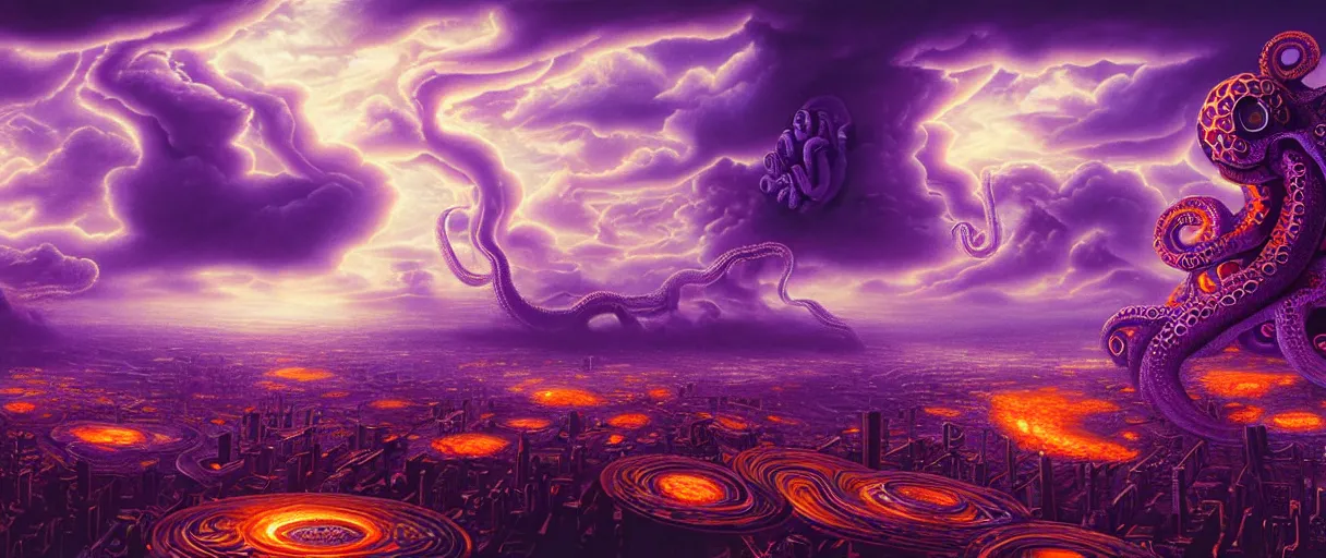 Prompt: hyperrealistic hyper-ornate bio-morphic sky city on giant orange and purple cyborg octopus puffy clouds matte painting concept art salvador dali alex grey cinematic soft glow lighting high angle hd 8k sharp shallow depth of field