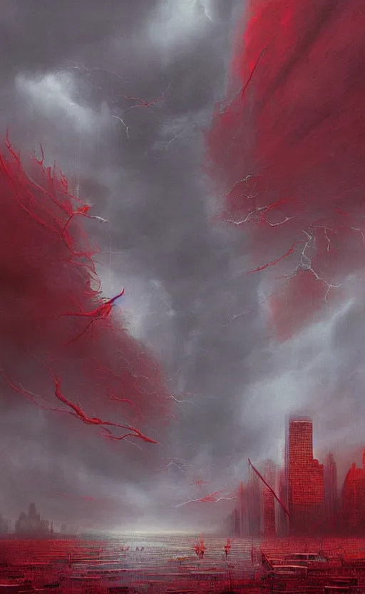 Image similar to an digital art of fire red alert storm that destroys new york city in style of zdislaw beksinski