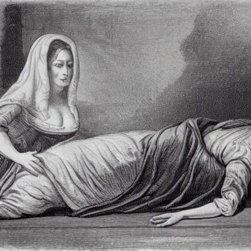 Prompt: dead French queen laying down 1700s, two ghostly figures rising from her corpse, haunting, scary